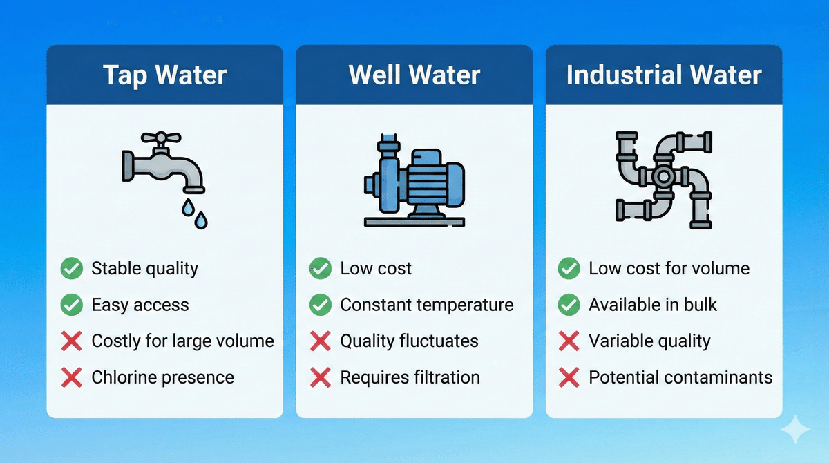 3つの水源（蛇口、井戸ポンプ、工水配管）とコスト・リスクの比較表