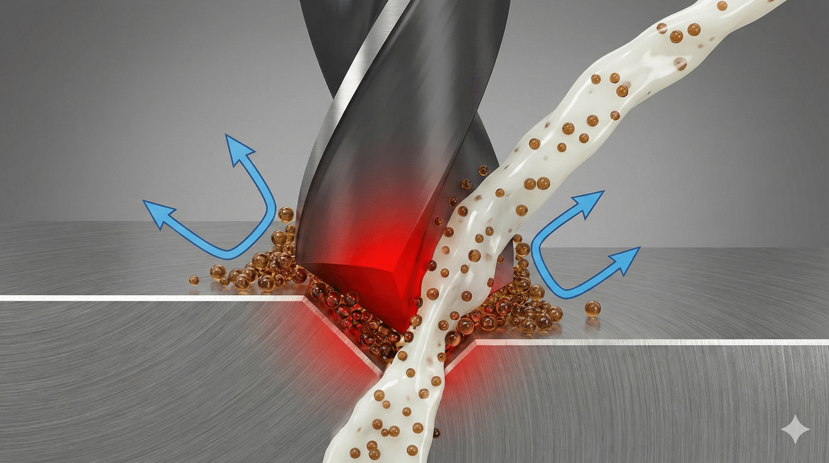 刃先で混入油が熱を閉じ込めているイメージ図（サーモグラフィ風）