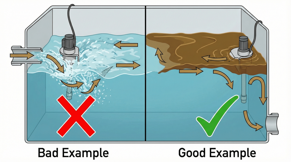 タンク内の液流シミュレーション図。淀み箇所にスキマーを設置する指示]