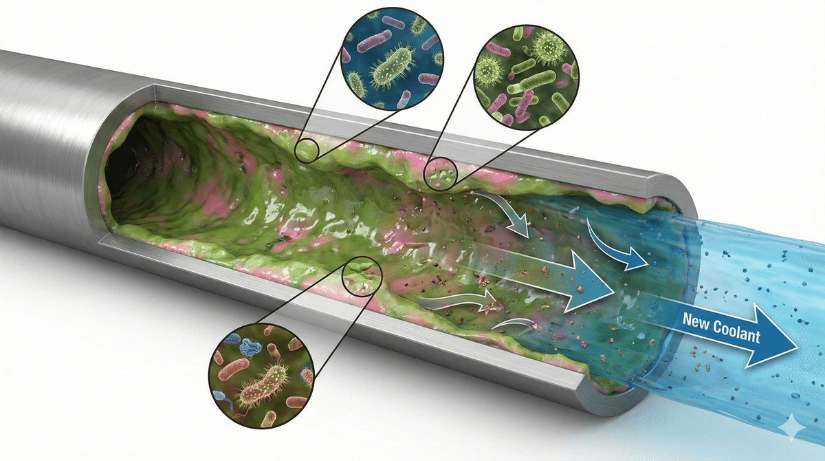 高圧洗浄機でタンクを洗う作業員と、プレミックスしている様子