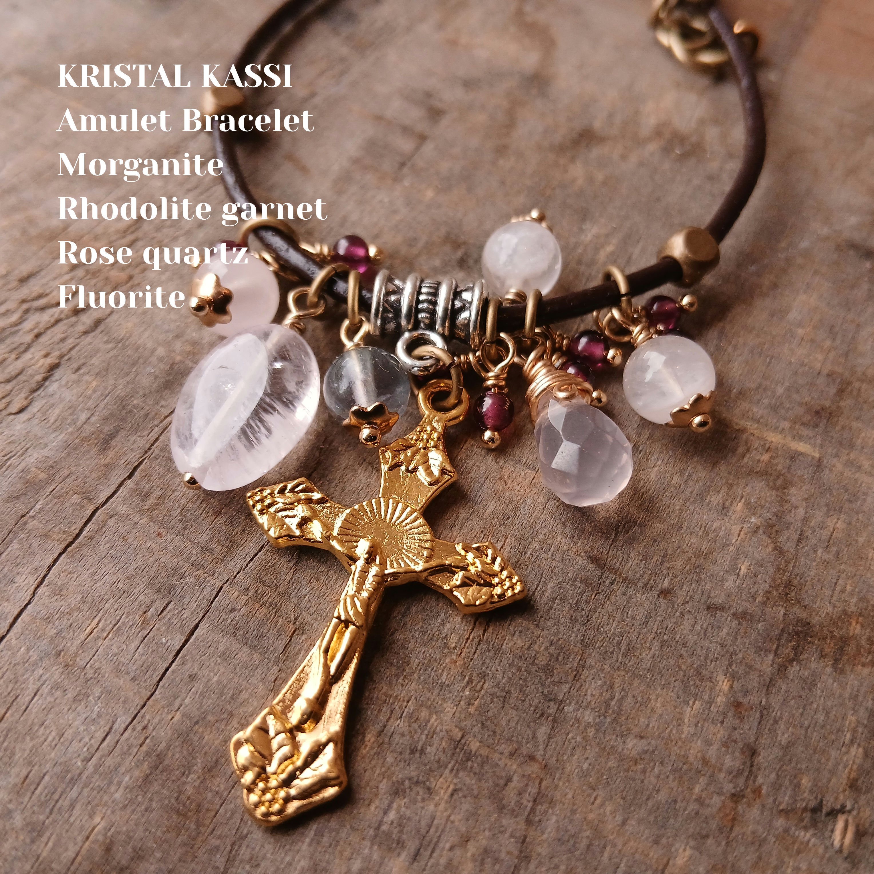 モルガナイト,ローズクォーツ クロスの革紐アミュレット｜masa