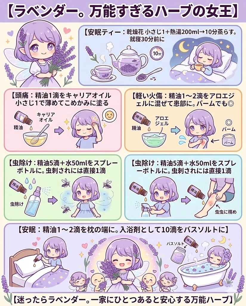 ラベンダー 効果 効能 万能ハーブ アロマ 不眠 火傷 使い方