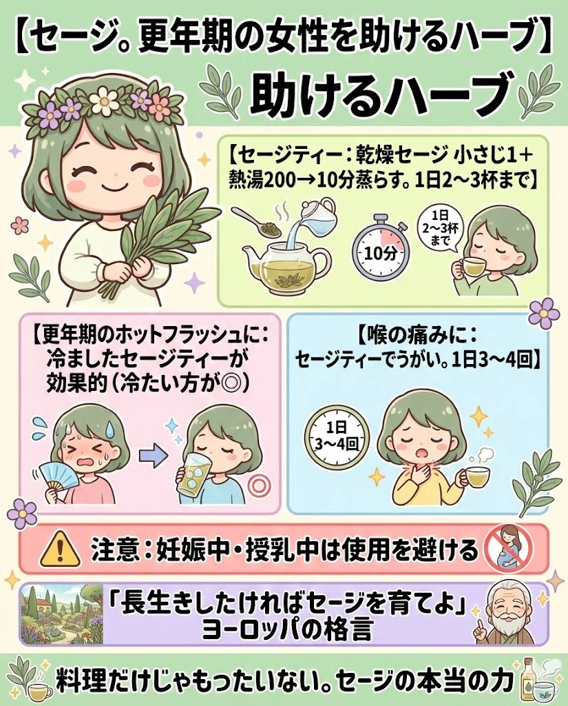  セージ 効果 効能 更年期 ホットフラッシュ 寝汗 女性 ハーブ