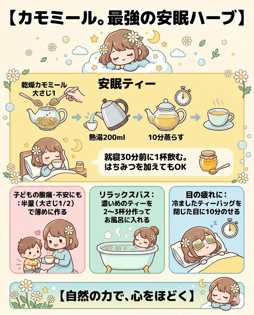  カモミール 効果 効能 安眠 不眠 リラックス ハーブティー 飲み方 副作用