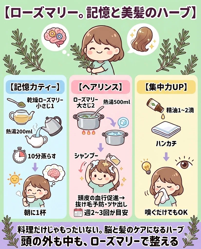 ローズマリー 効果 効能 記憶力 育毛 美髪 抗酸化 使い方
