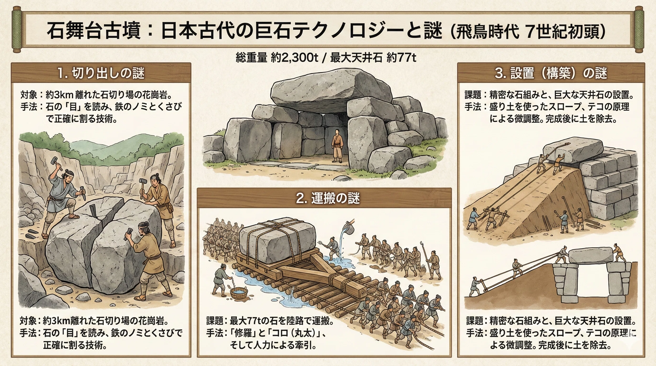雑談：昔の巨大な石の切り出し、運搬、設置の謎（1,000tとか 