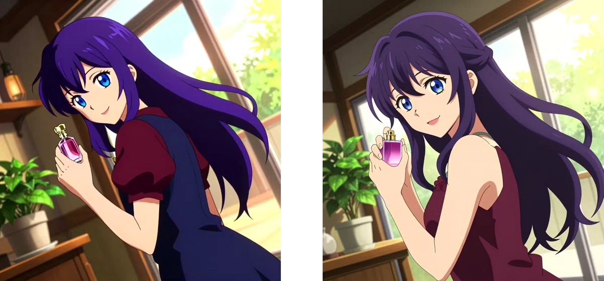 香水瓶を持つ紫髪のアニメ少女の比較イラスト、左: Z-Image_clear_anime (クリアな色表現)、右: Z-Image-Turbo_clear
