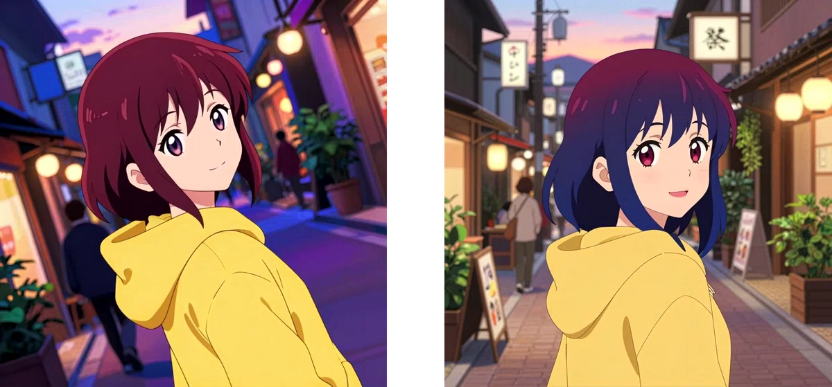 夕暮れ時の街路を歩くアニメ少女の比較イラスト、左: Z-Image_clear_anime (遠近感強化)、右: Z-Image-Turbo_clear