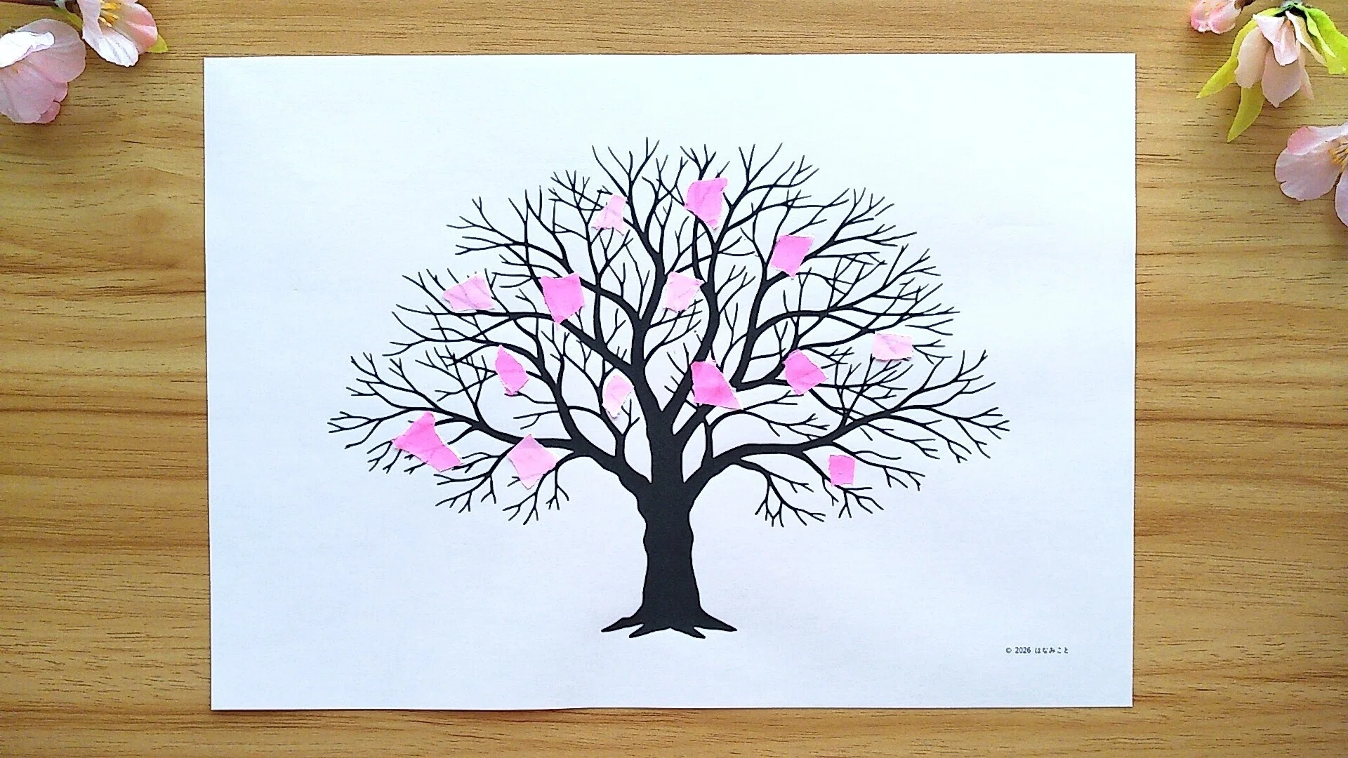 ウルト　ちぎり絵完成品（花4枚）（景色3枚）教材（4点） 下絵・見本】桜の木☆ちぎり絵・壁面飾り｜はなみこと