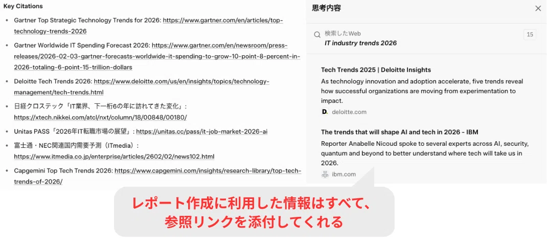 レポート作成に利用した情報は参照リンクが添付される