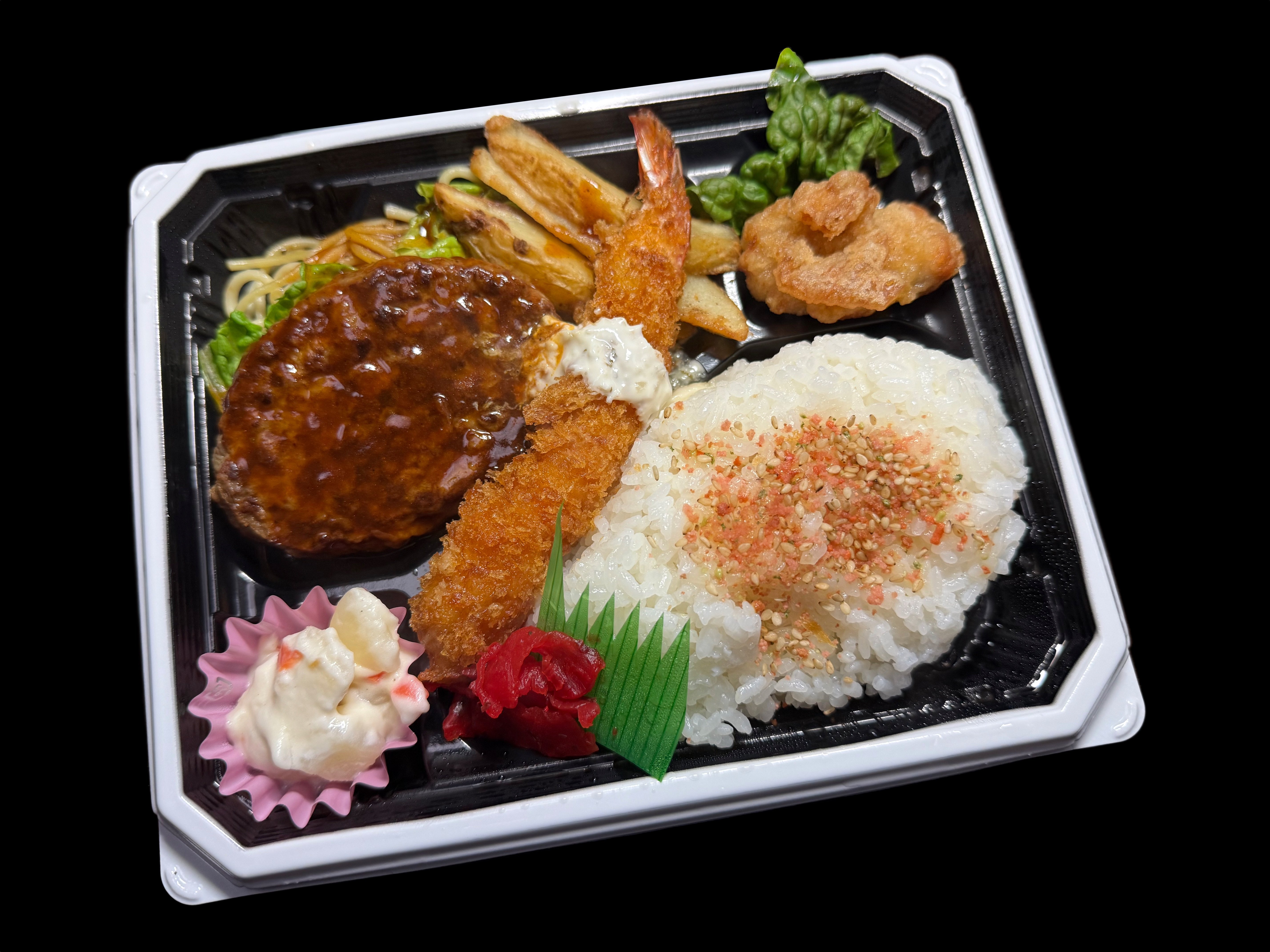 no.0331 夕日差すエピドート　一点物 ザ・ランチ Foody Oneのハンバーグ＆エビフライ弁当＋南高梅｜西田親生