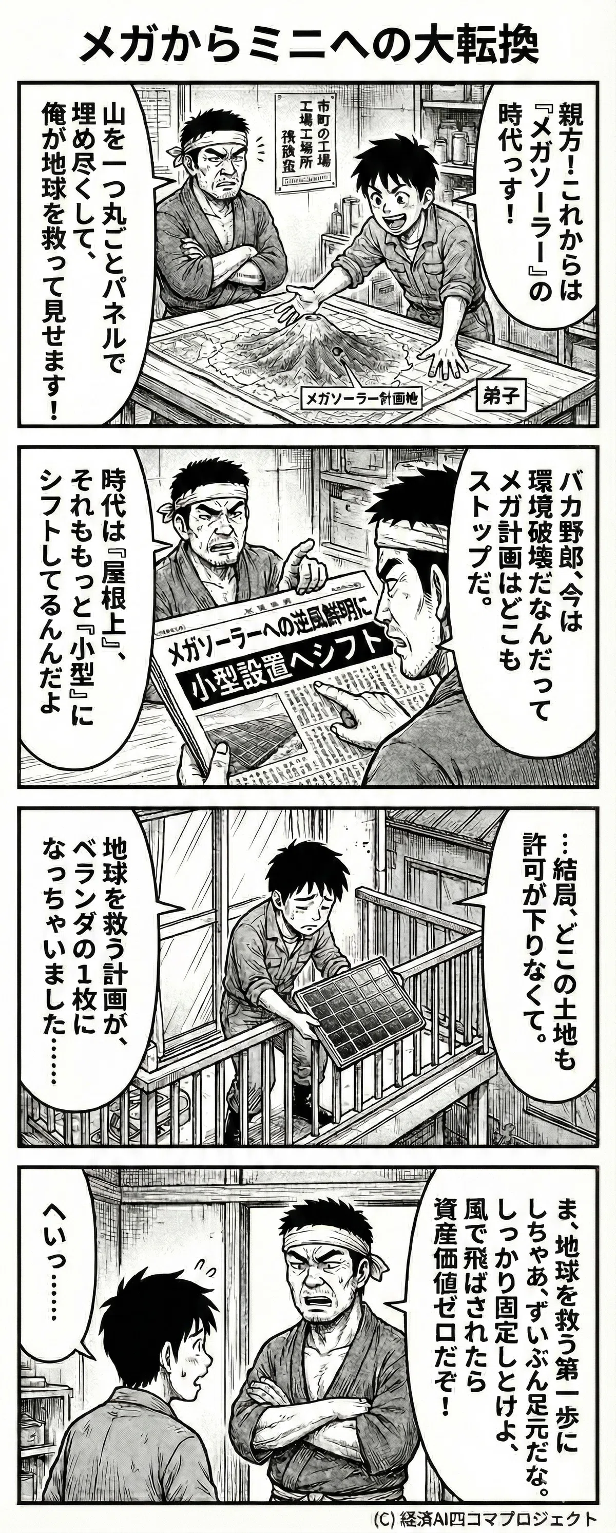 「メガからミニへの大転換」と題された4コマ漫画。師匠と弟子の職人が、かつての「メガソーラー計画」から、環境破壊や許可の問題を経て、最終的にベランダに設置する「小型ソーラーパネル1枚」へと計画が縮小していく様子をコミカルに描いています。
