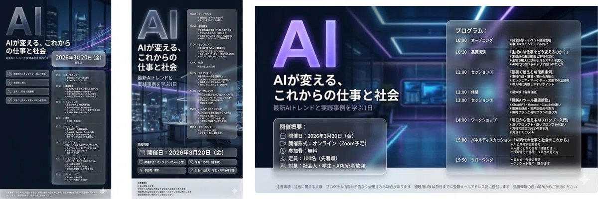 Geminiのデザイン生成機能で生成されたポスター（細部まで条件指定したプロンプト）