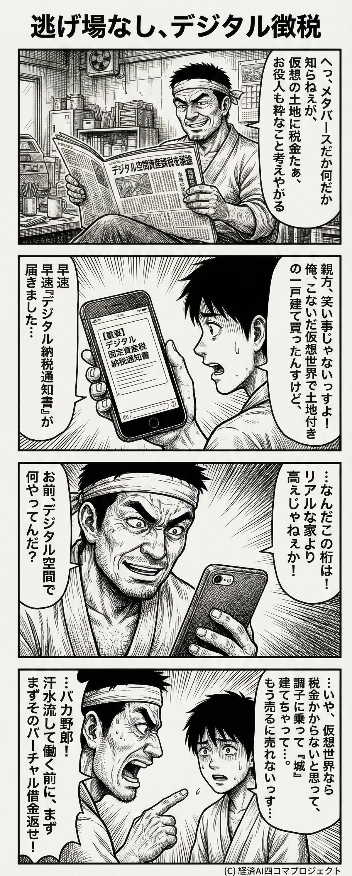 タイトル：逃げ場なし、デジタル徴税
​要約（Short Alt）:
メタバース空間の資産への課税を皮肉った4コマ漫画。仮想空間で土地付き一戸建てや城を購入した若い職人が、現実世界の家賃を上回る高額な「デジタル固定資産税」の通知を受け取り、親方に叱責される様子。
​詳細（Long Alt）:
劇画タッチの漫画。
1コマ目：新聞を読むベテラン職人が「メタバースの土地に税金とは役人も粋なことを考える」と鼻で笑っている。
2コマ目：若い職人が青ざめた顔でスマホを見せ、「仮想世界で土地付き一戸建てを買ったら『デジタル納税通知書』が届いた」と訴える。
3コマ目：スマホを覗き込んだ親方が、その税額がリアルの家より高いことに驚愕し、「お前デジタル空間で何やってんだ？」と問い詰める。
4コマ目：若者が「税金がかからないと思って調子に乗って『城』まで建てた、売るに売れない」と泣き言を言い、親方が「汗水流して働く前にバーチャル借金を返せ！」と一喝するシーン。