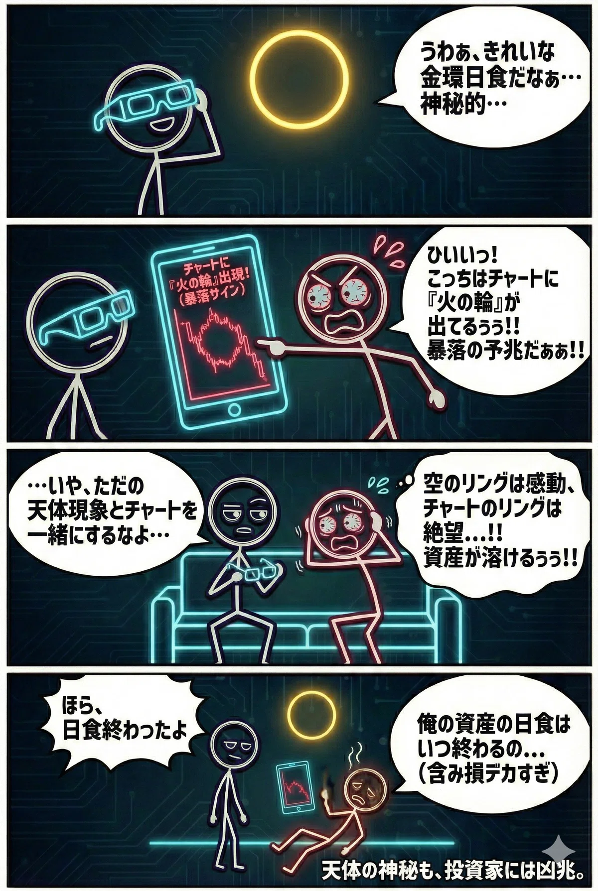 タイトル：天体の神秘も、投資家には凶兆。
​要約（Short Alt）:
金環日食の美しさに感動する人物と、株価チャートに現れた同様の円形パターン（暴落サイン）を見て絶望する投資家を対比させたネオン調の棒人間漫画。
​詳細（Long Alt）:
サイバーパンクな雰囲気のネオンカラーで描かれた漫画。
1コマ目：左の人物が専用メガネで空を見上げ「きれいな金環日食だ」と感動している。
2コマ目：右の赤い投資家がスマホの暴落チャートを見て「こっちはチャートに『火の輪』が出てる！暴落の予兆だ！」とパニックに陥る。
3コマ目：呆れる左の人物に対し、投資家は「空のリングは感動、チャートのリングは絶望……資産が溶ける！」と頭を抱える。
4コマ目：日食が終わって日常に戻る左の人物に対し、投資家は含み損で燃え尽きながら「俺の資産の日食はいつ終わるの……」と倒れ込んでいる。右下には「天体の神秘も、投資家には凶兆。」という一文がある。