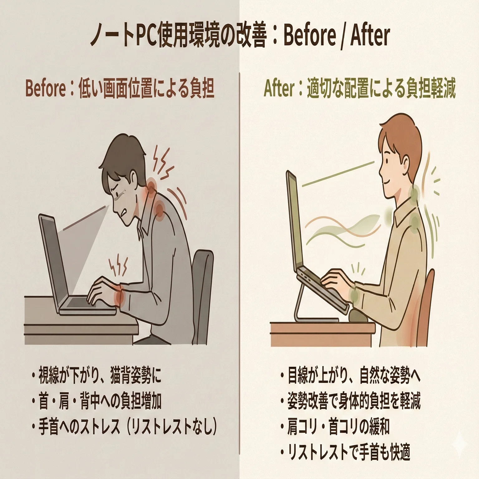 PC操作の肩こり防止にはPCスタンド/リストレストの使用がおすすめ