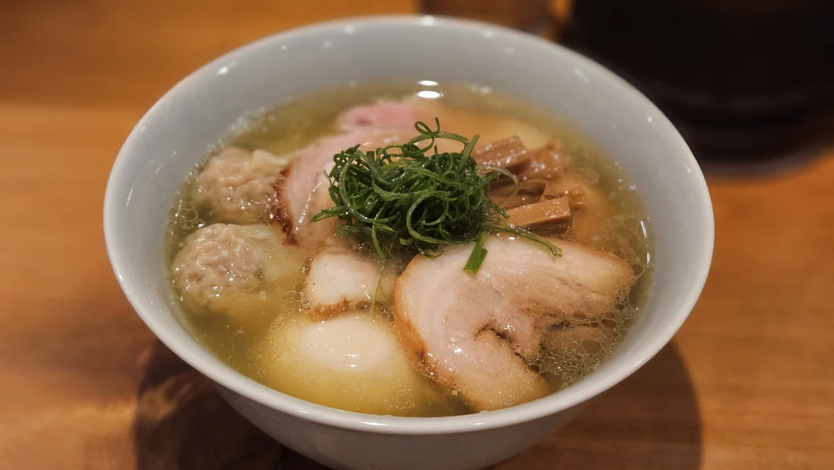 特製塩そば（豚）。澄んだ黄金色のスープにチャーシュー、わんたん、味玉、メンマ、青ねぎが整然と盛られている。
