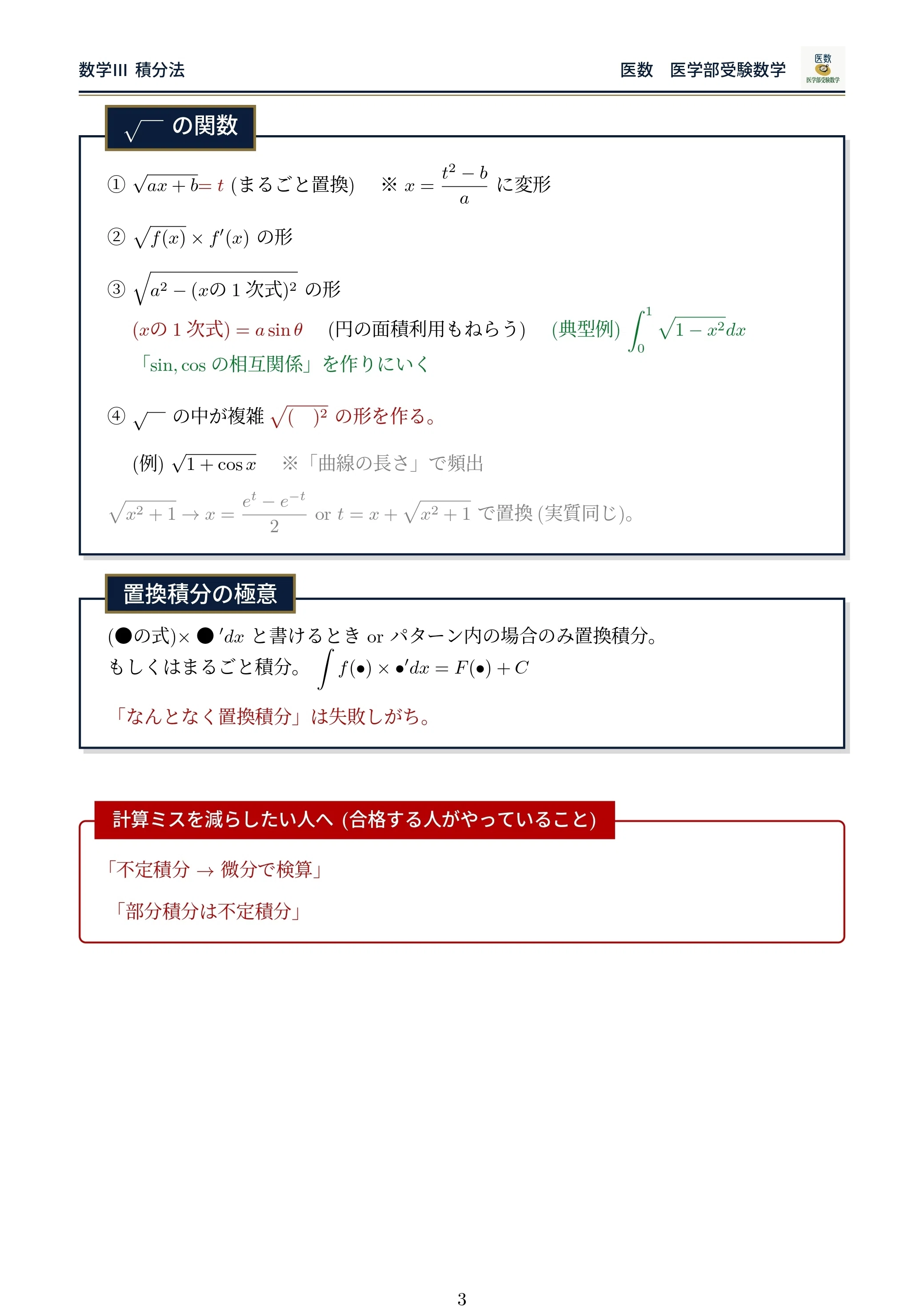無料配布】関数別積分計算方法まとめ【数Ⅲ_レシピ】｜医数【医学部