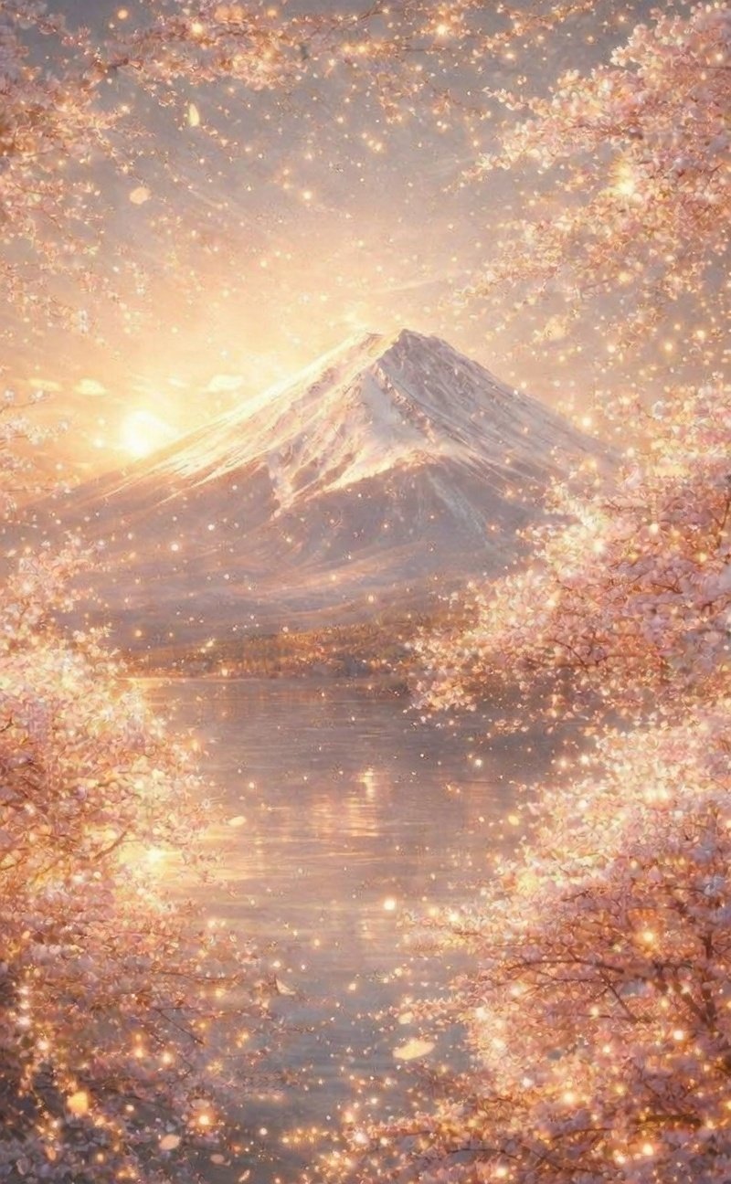 暁光 AI富士山朝日桜 Mount Fuji Sunrise Cherry Blossoms Japan
