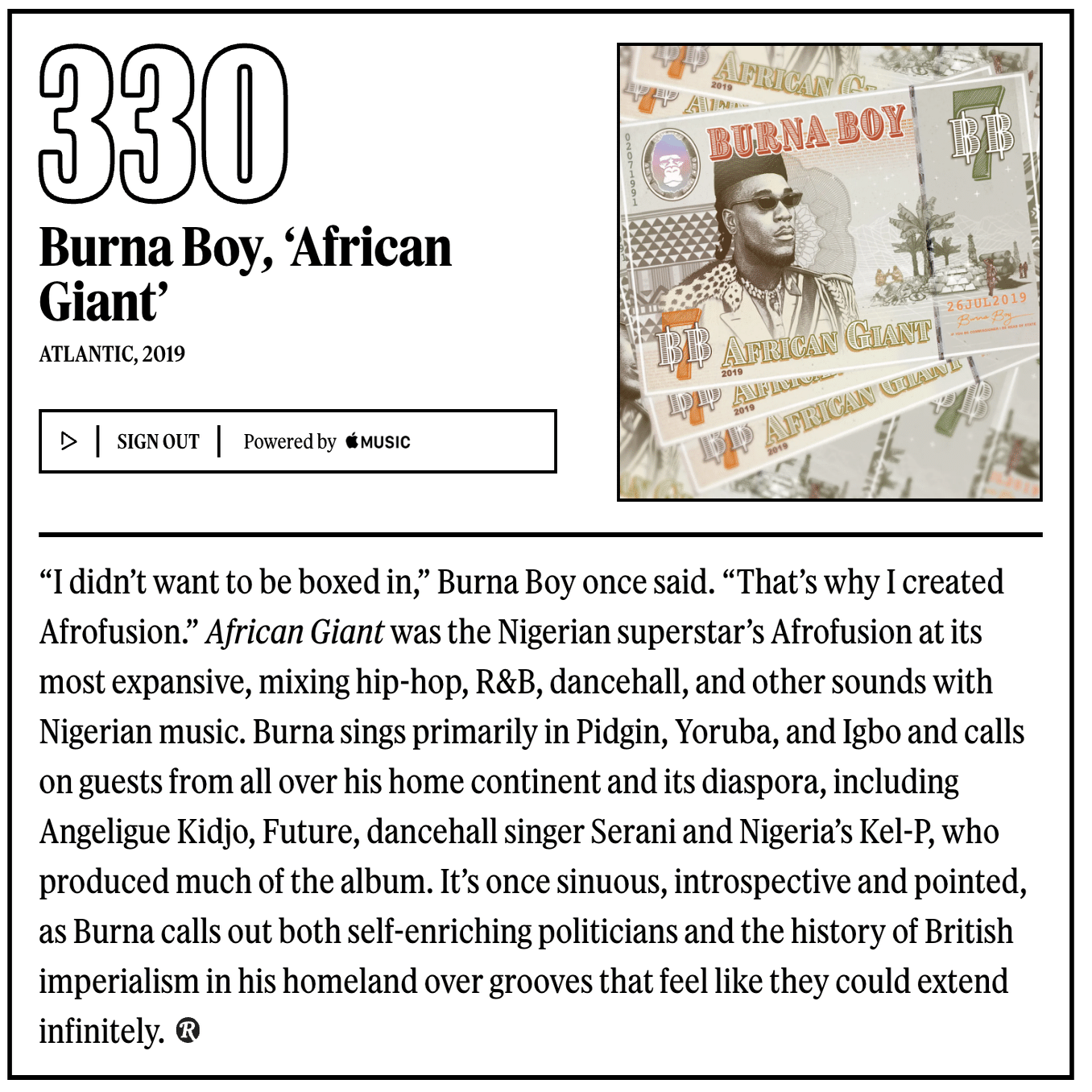 330位：バーナ・ボーイ 『African Giant』｜「歴代最高のアルバム500選