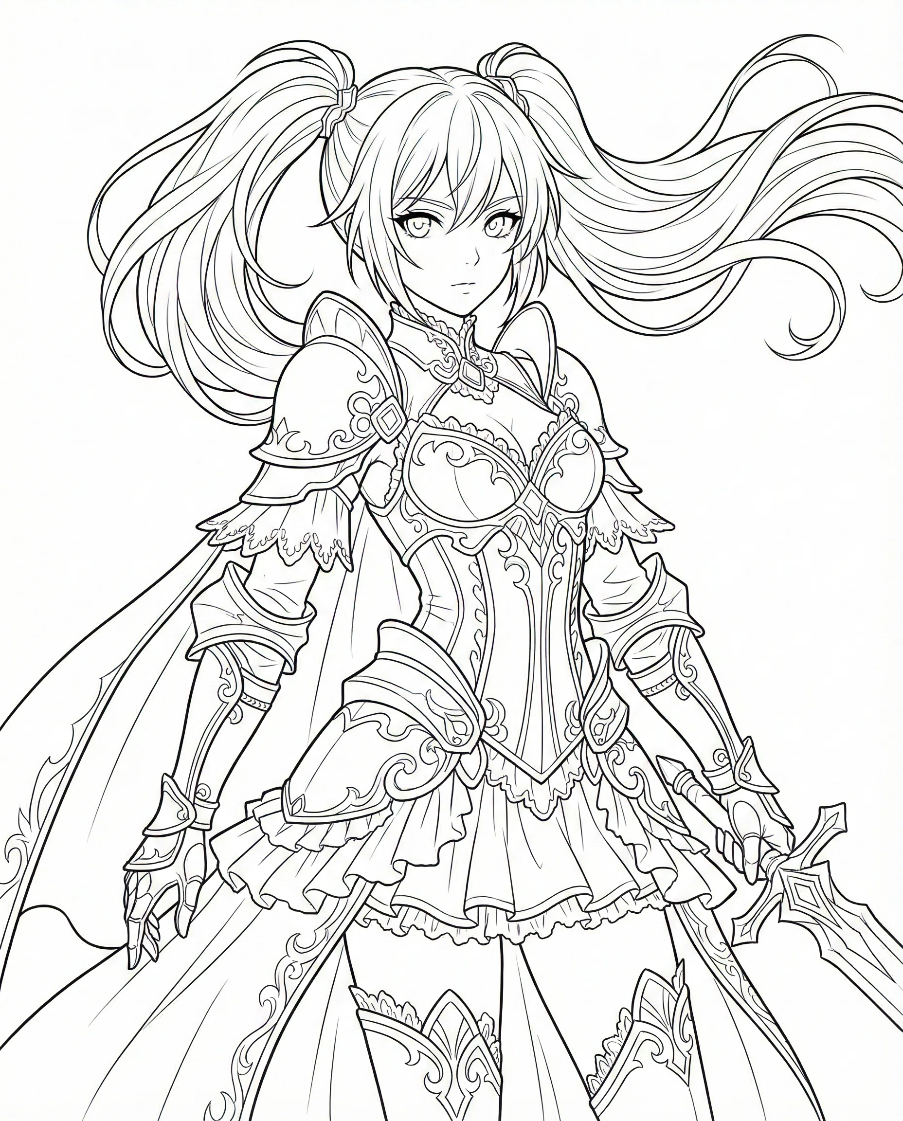 無料線画配布】ファンタジー風の剣士 - アニメ塗りや大人の塗り絵に