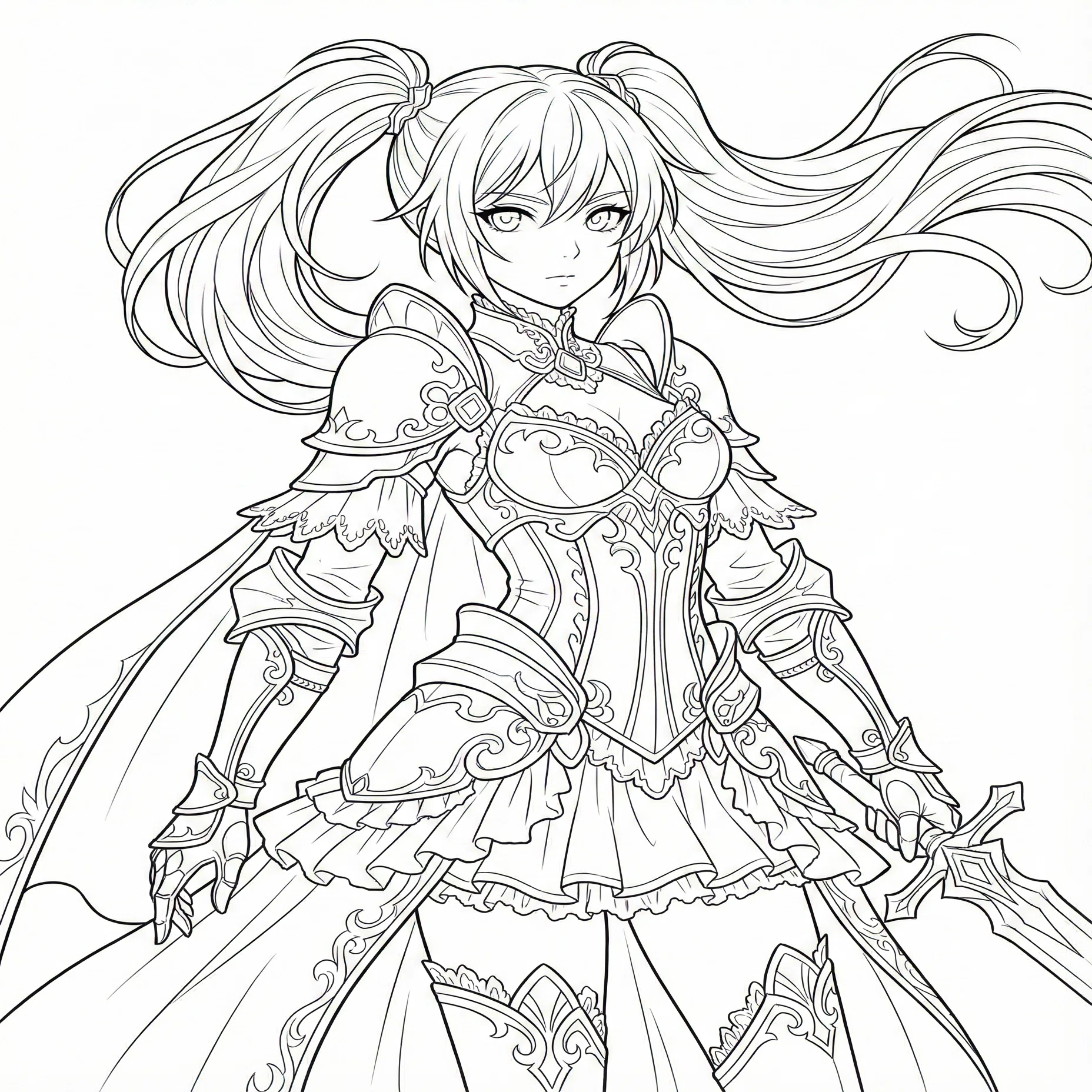 無料線画配布】ファンタジー風の剣士 - アニメ塗りや大人の塗り絵に