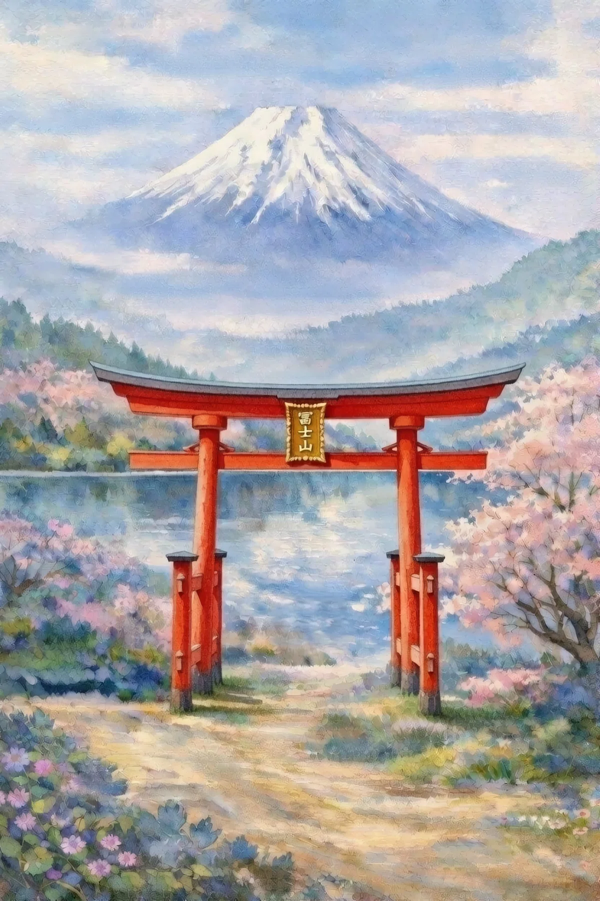 AIアート「富士の扉」Gate of Fuji 富士山桜日本風景画水彩画 Torii 