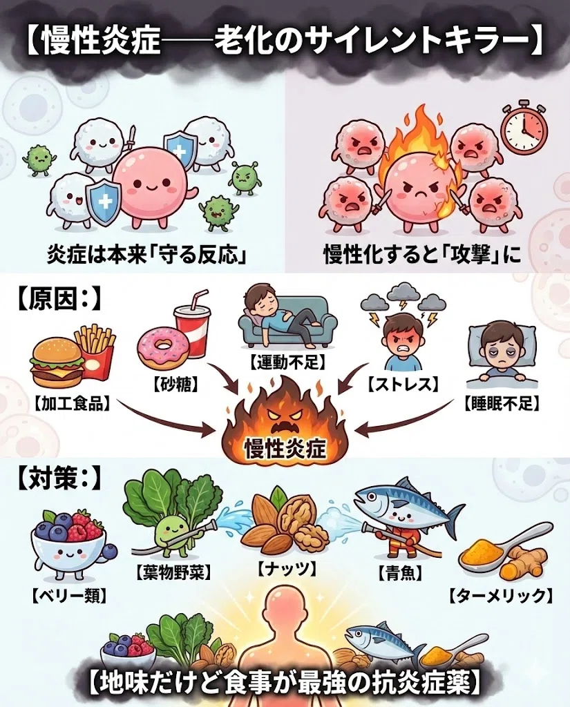 慢性炎症 サイレントキラー 老化 加工食品 抗炎症 ベリー ナッツ 青魚 ターメリック