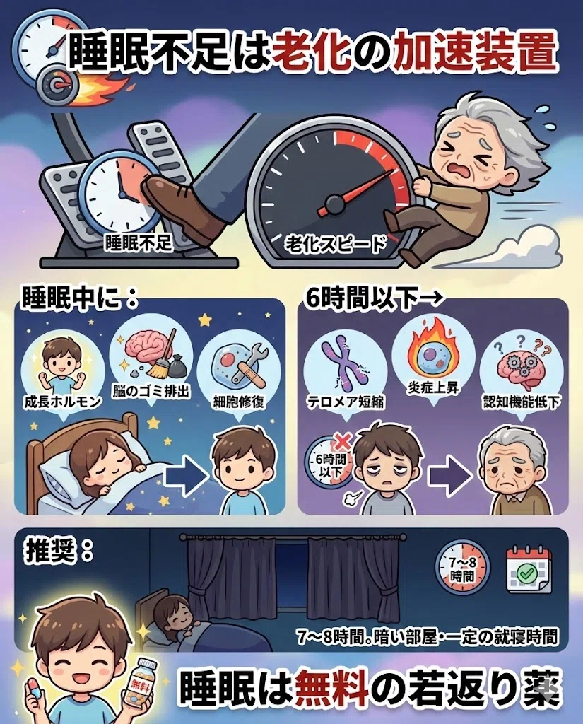 睡眠 老化 成長ホルモン テロメア 炎症 7時間 暗い部屋 スクリーン 若返り