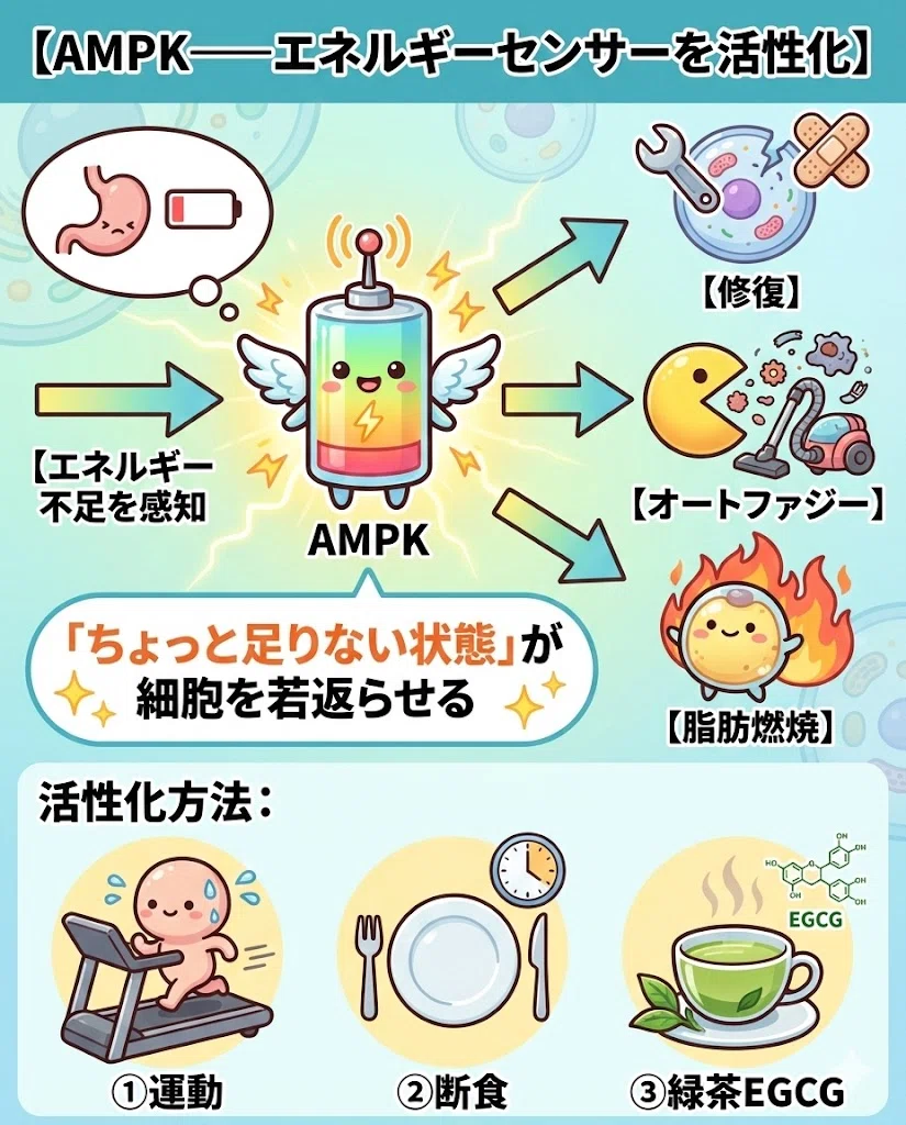 AMPK エネルギーセンサー 運動 断食 緑茶 EGCG オートファジー 脂肪燃焼 老化