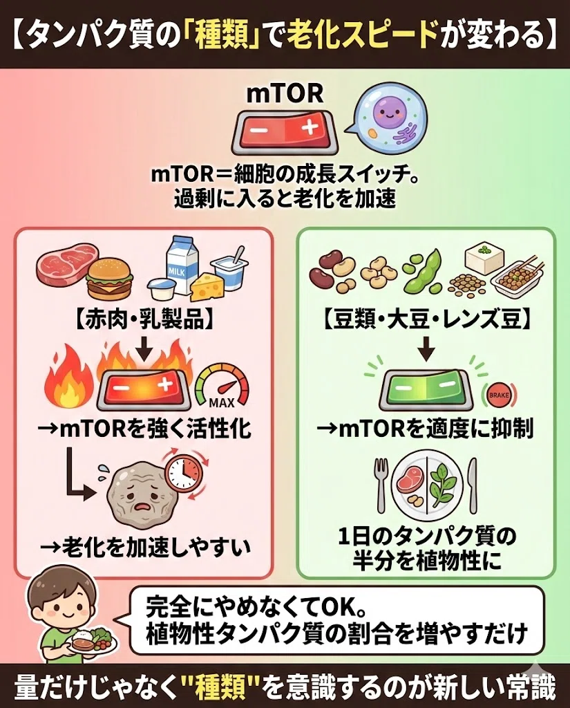 タンパク質 種類 mTOR 動物性 植物性 大豆 豆類 老化 赤肉 乳製品