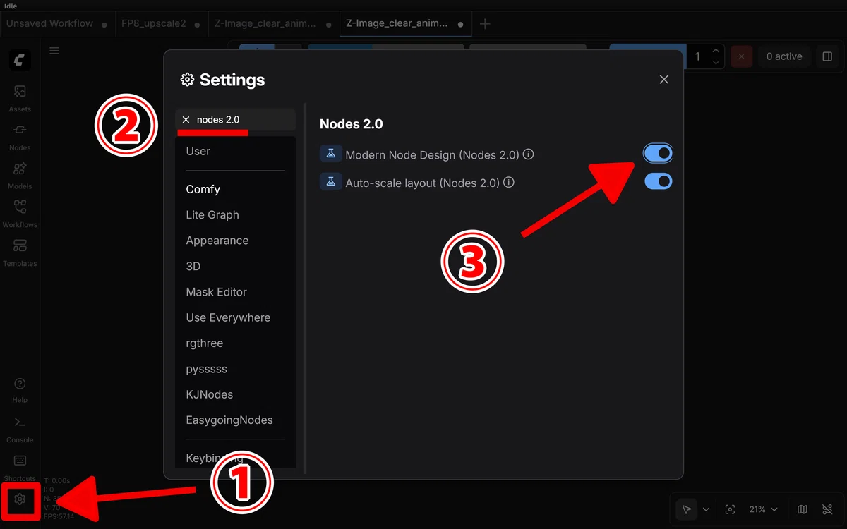 omfyUI設定画面でNodes 2.0を有効化する手順(赤矢印付き)