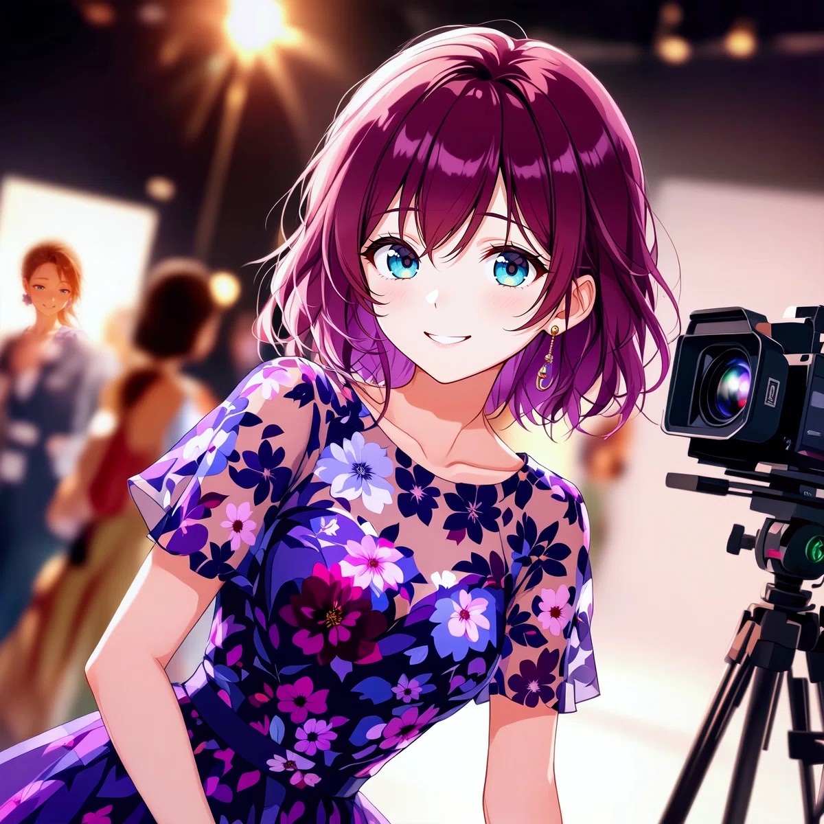 スタジオのビデオカメラと紫髪のアニメ少女イラスト