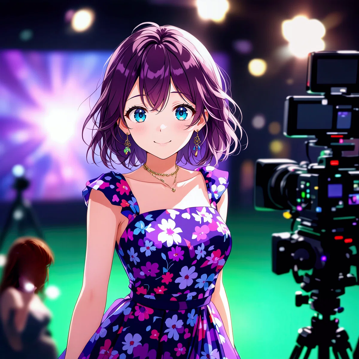 スタジオのビデオカメラと紫髪のアニメ少女イラスト