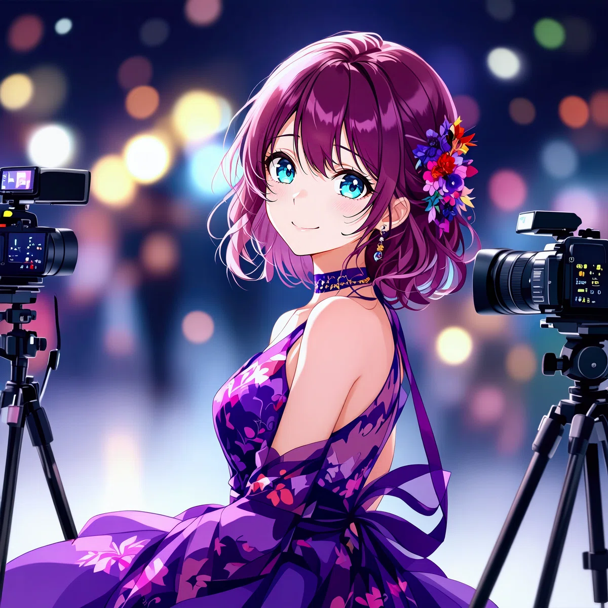 2台のスタジオカメラとこちらを見て微笑む紫髪のアニメ少女のイラスト