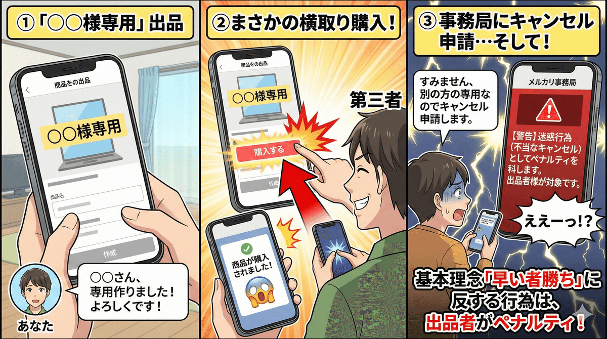 マロンさま専用　他者購入はキャンセル対象 今すぐやめて】「〇〇様専用」は規約違反です！横取りキャンセルで出品