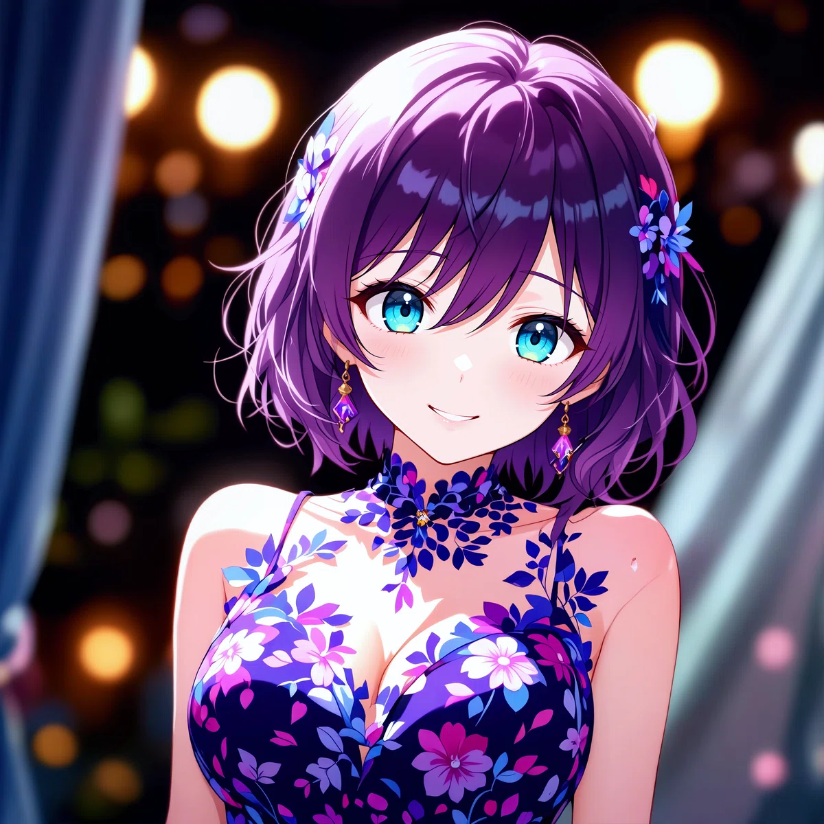 こちらを見て微笑む紫髪のアニメ少女のイラスト