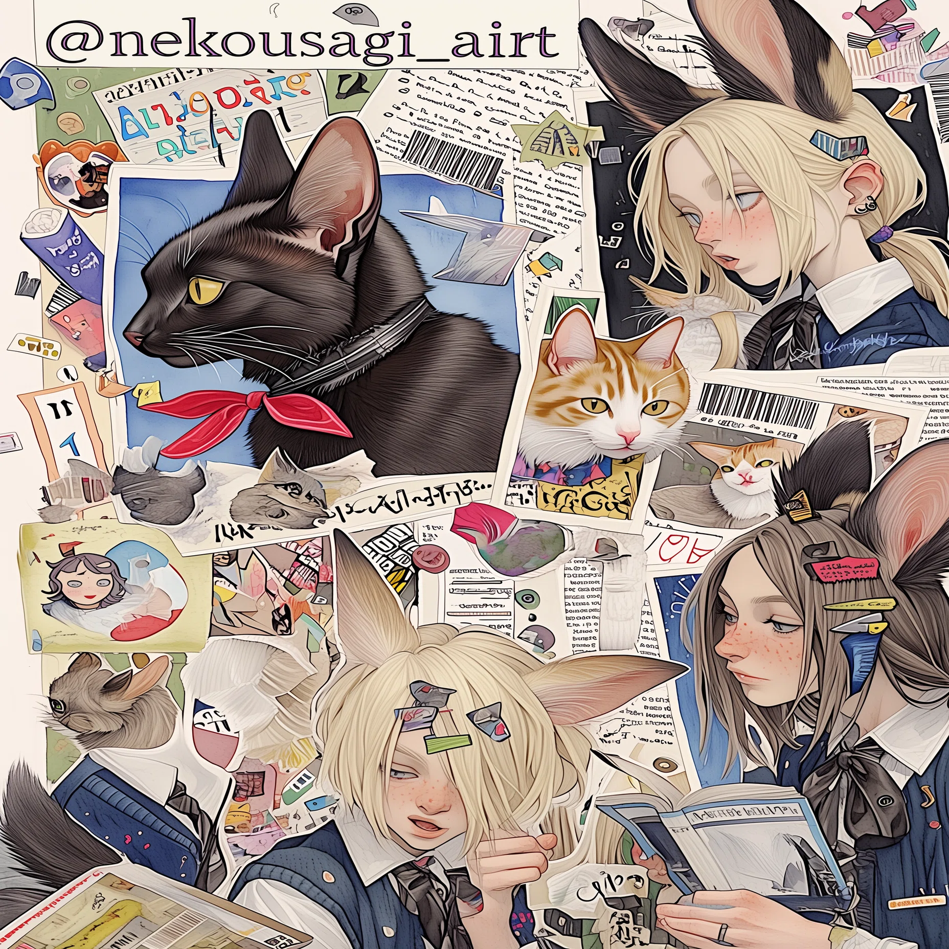猫　絵画　イラスト　コラージュ 猫 絵画 イラスト コラージュ レザーのコラージュアート（ネコ） 猫 A4