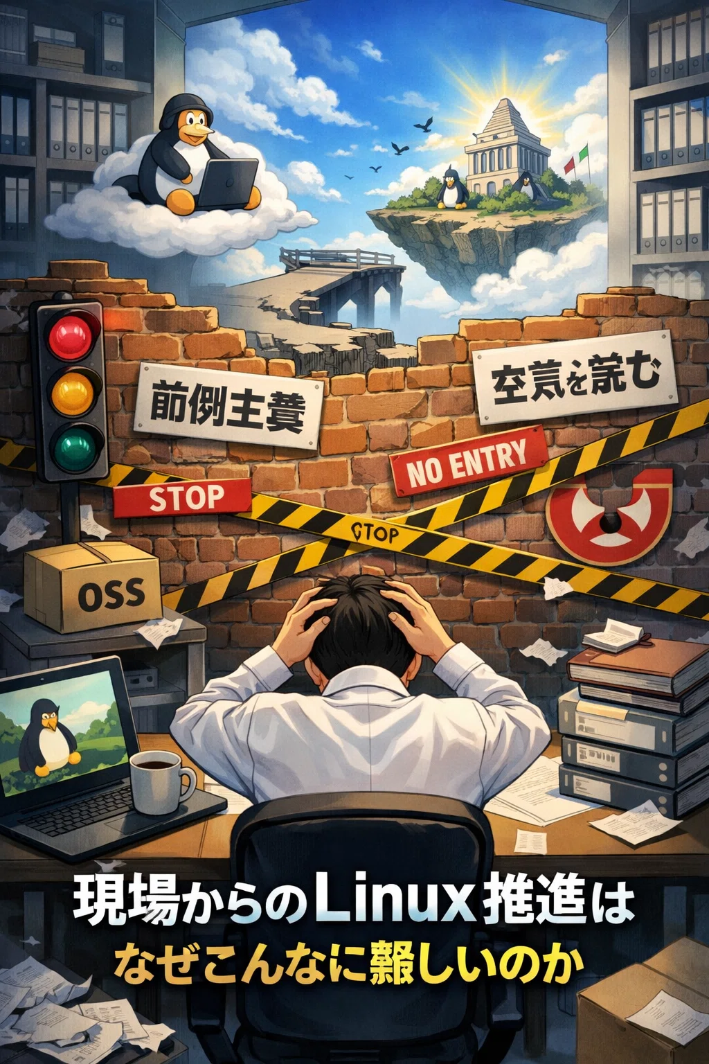 現場からのLinux推進について、悩んでも壁や進められない。しかし、壁の無効にはLinuxを利用することにより、税金が下がるイメージの世界が待っているという表現