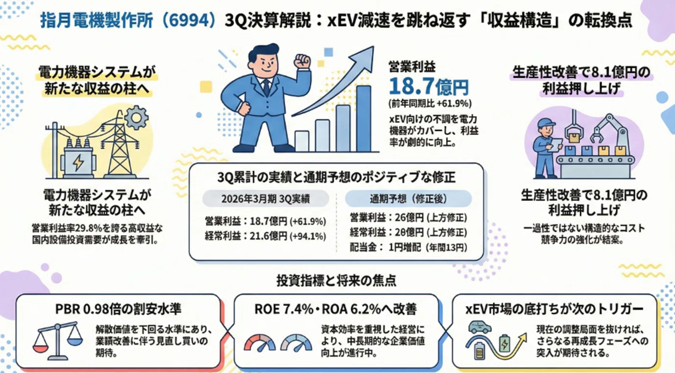 指月電機製作所（6994）3Q決算解説】｜xEV減速も電力機器好調で営業益