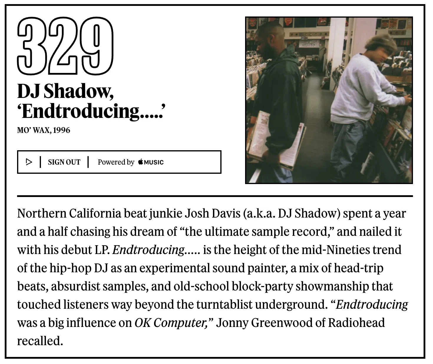 329位：DJシャドウ 『Endtroducing…..』｜「歴代最高のアルバム500選
