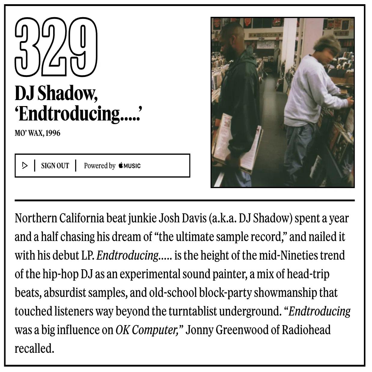 329位：DJシャドウ 『Endtroducing…..』｜「歴代最高のアルバム500選