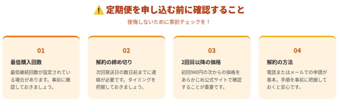 最低購入回数・解約締め切り・2回目以降価格・解約方法の4項目をオレンジカードで警告