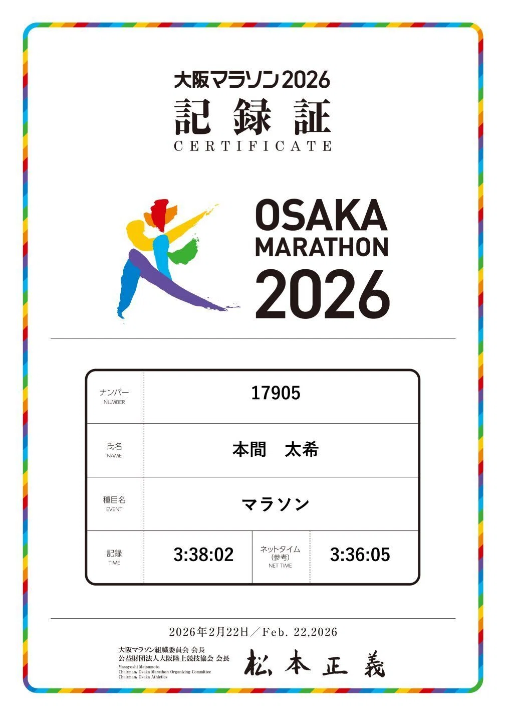 大会レポート】大阪マラソン2026を完走しました。（time3:36:05）｜た