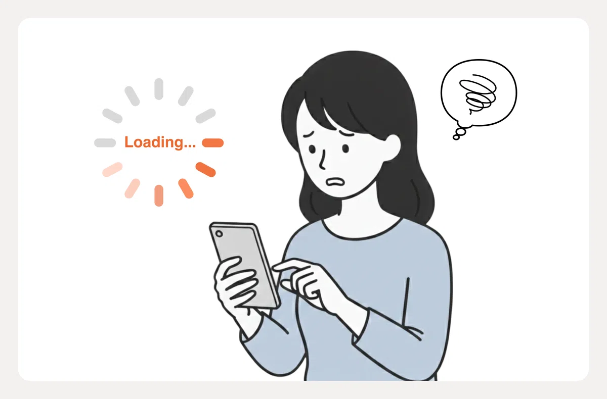 ローディング画面で待たされている女性のイラスト