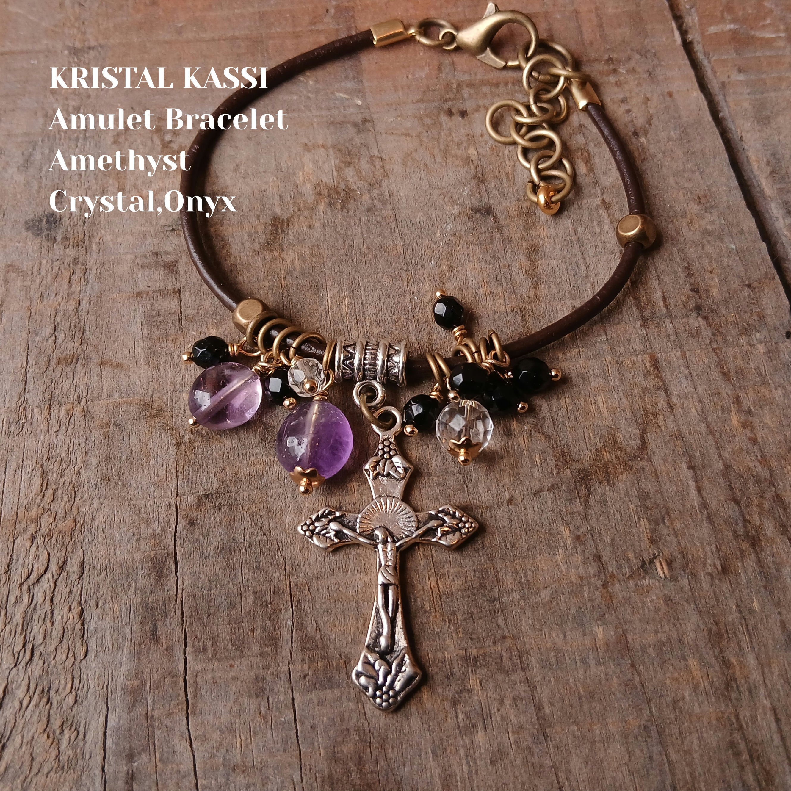 アメジスト,オニキス クロスの革紐アミュレット｜masa