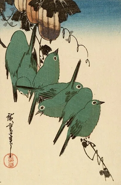 花鳥版画展」出品作①歌川広重《烏瓜に目白/芍薬に小鳥》天保3-6（1832