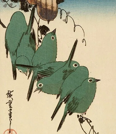 花鳥版画展」出品作①歌川広重《烏瓜に目白/芍薬に小鳥》天保3-6（1832