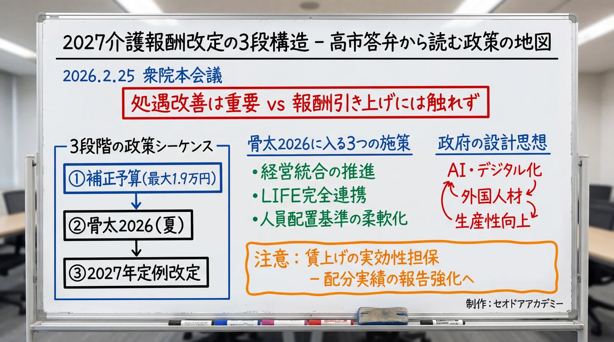 首相が「抜本引き上げ」に触れなかった理由。骨太2026と介護報酬改定の接続ロジックを徹底解説。最大1.9万円の賃上げだけでは終わらない。介護 ...