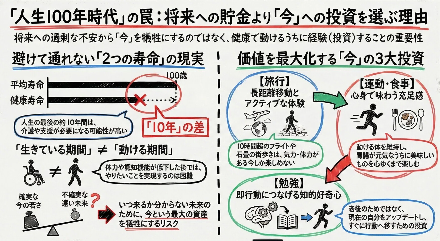 人生100年時代」の呪縛。老後のための我慢をやめて、「今」に投資する